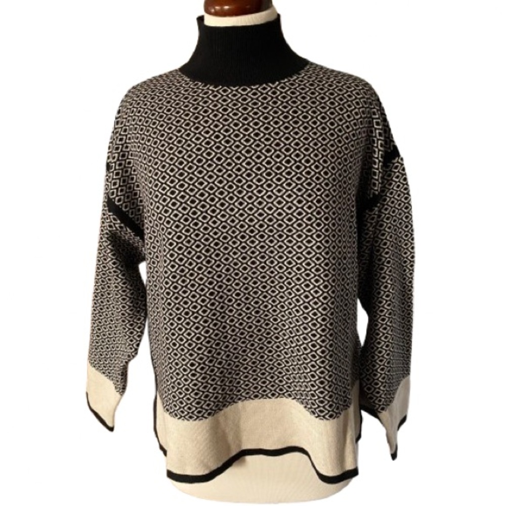 Able Women's Black Cream Geometric Turtleneck Sweater Size M Boxy Drop Shoulder